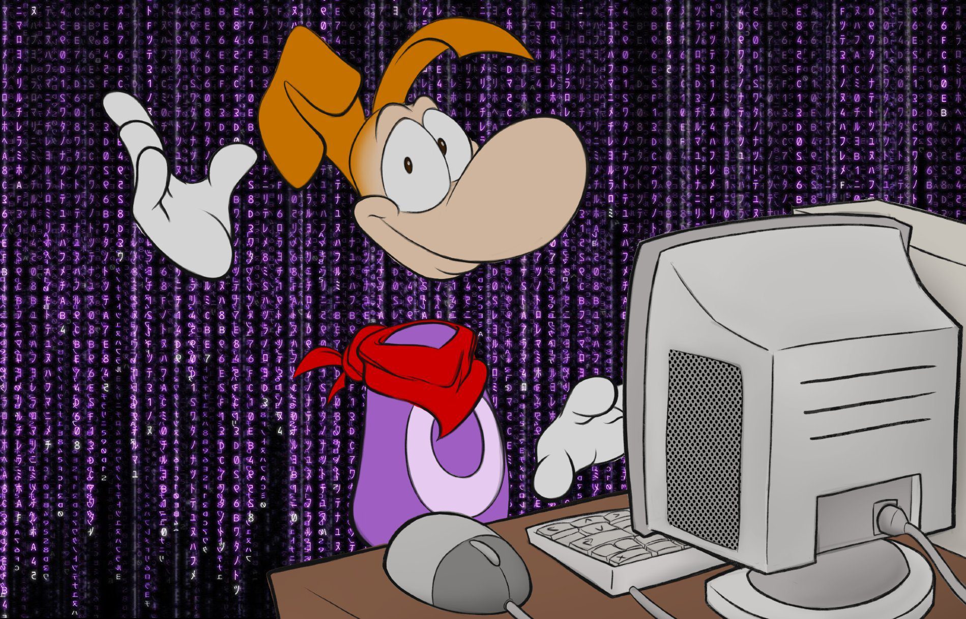 An image showing Rayman sitting in front of a computer.